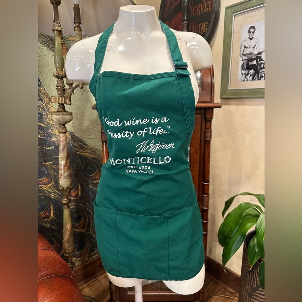 Green Cotton Apron Cooking With Wine EUC